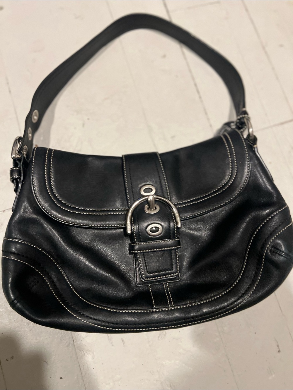 Vintage Coach Soho Black Leather Shoulder Bag with Silver Buckle